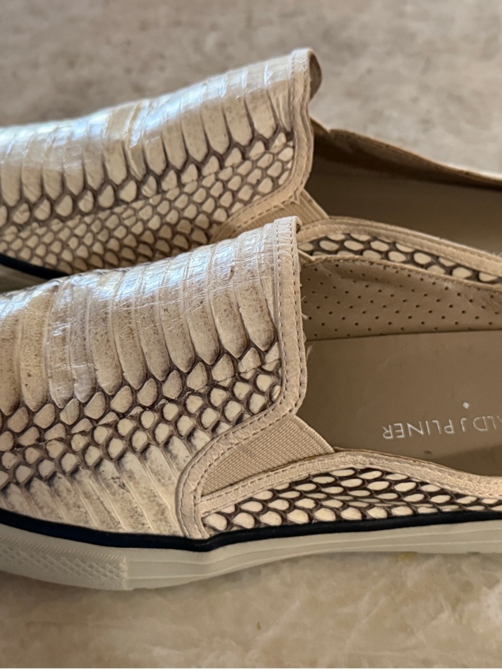 Donald J. Pliner Cream and Black Embossed Slip-On Sneakers